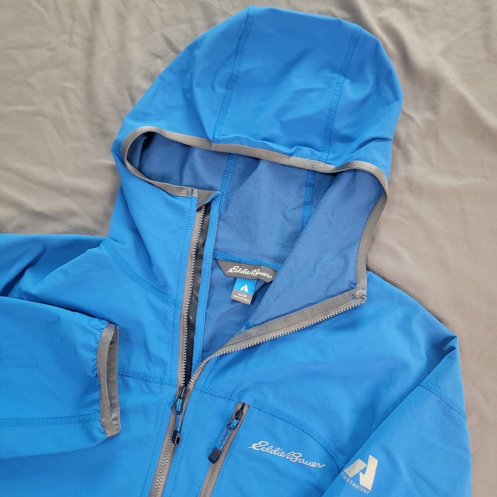 Eddie Bauer First Ascent Rain Jacket Men's Medium Blue Hoodie Full Zip Pcokets